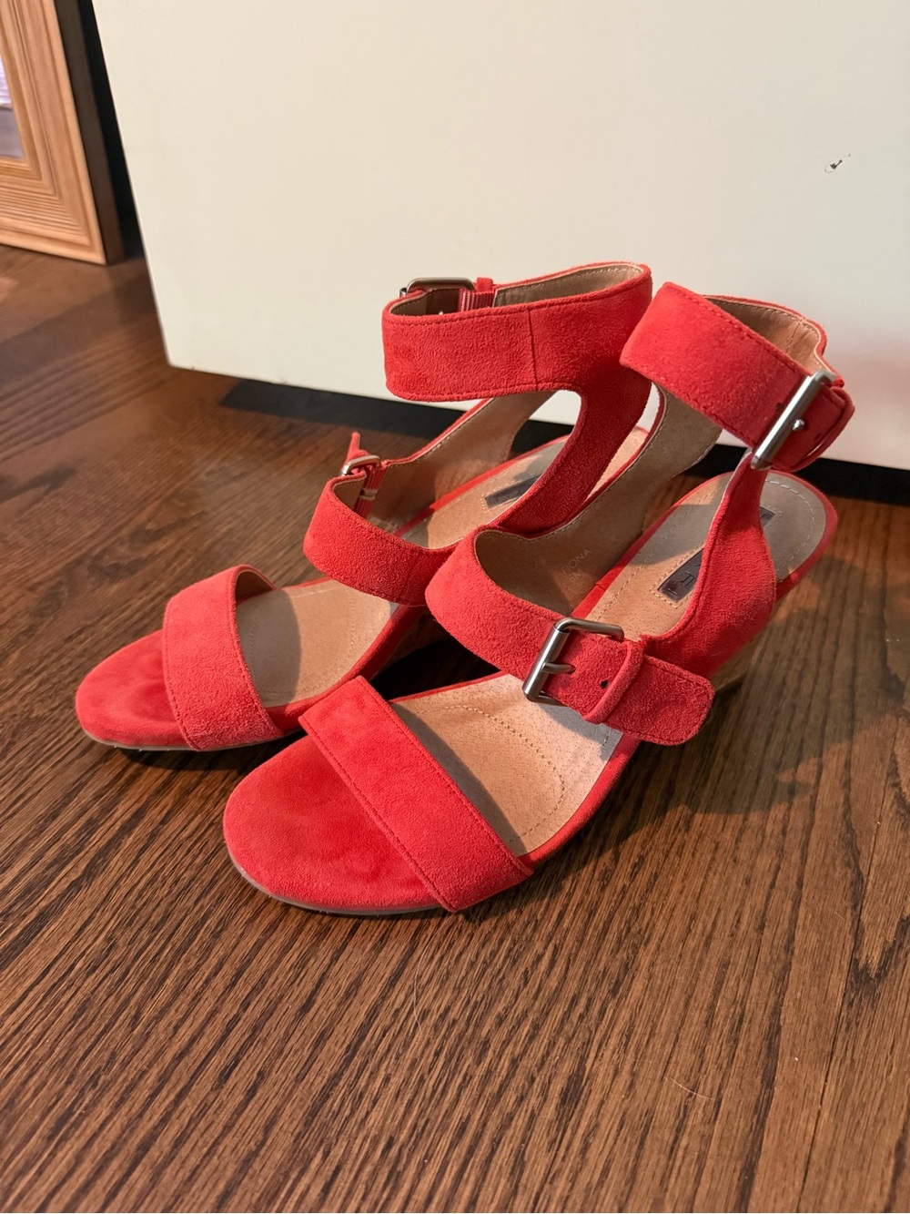 Tahari Red Suede Multi-Strap Block Heel Sandals
